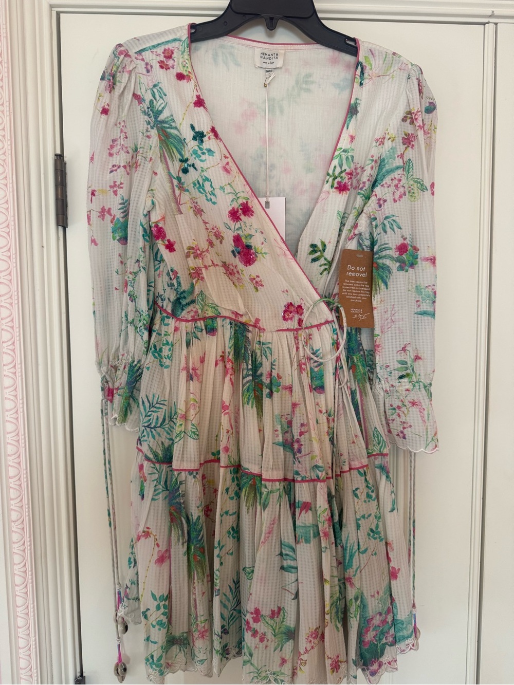 HEMANT & NANDITA Cream Floral Wrap Dress with Pink and Green Accents